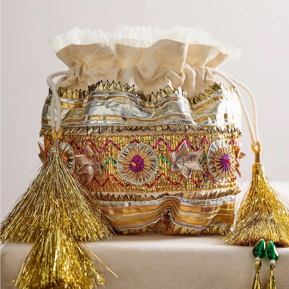 Free People Seasons Sparkle Mini Gift Sack Gold Embellished Tassel Festival Bag